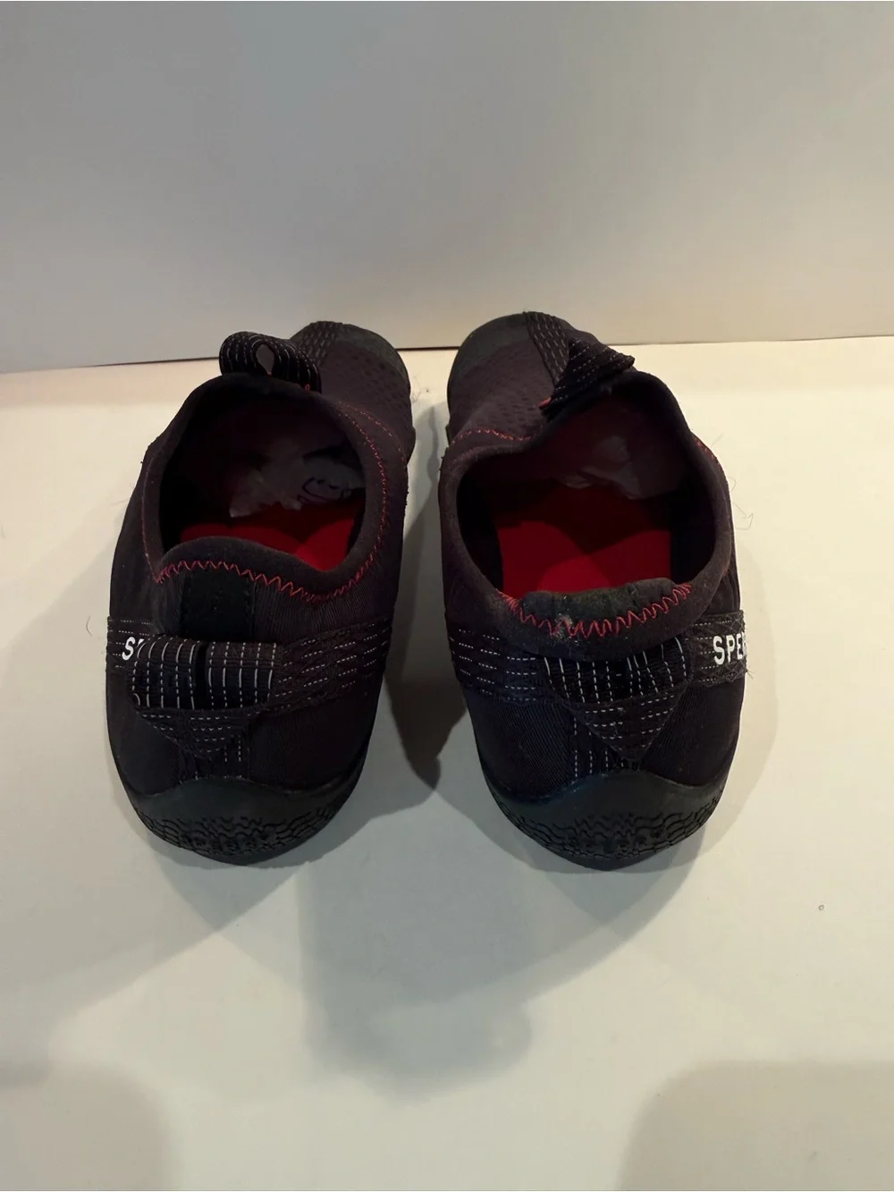 Sperry Black Slip-On Mesh Water Shoes with Red Stitching